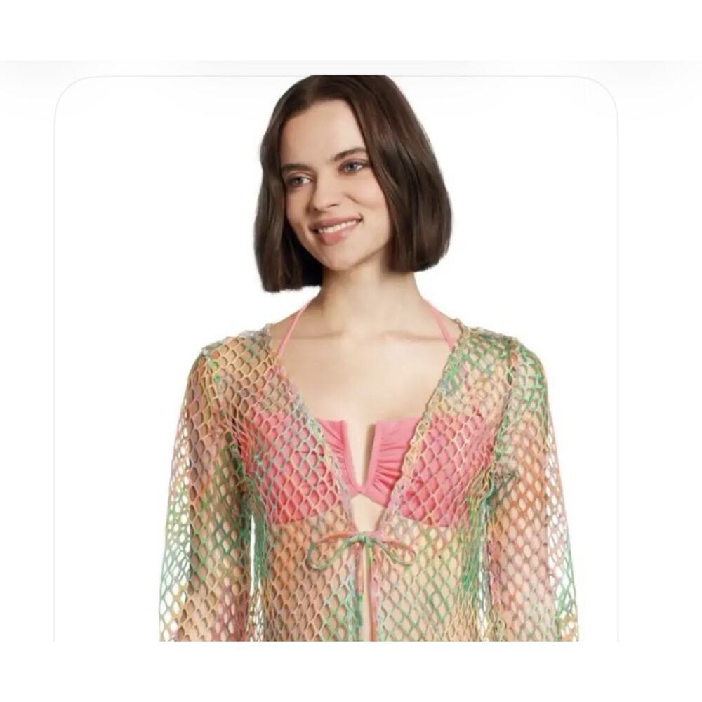 NWT BECCA Womens Mirage Fishnet Tie-Front Tunic Cover-Up, Multi, XS / S